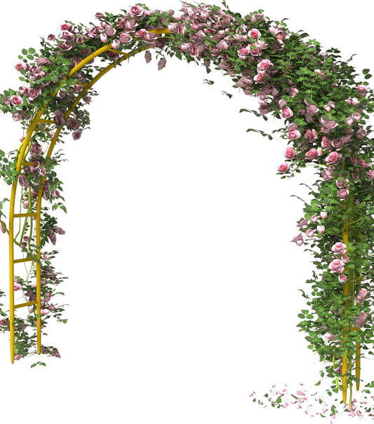Queension Metal Arch Backdrop Stand 7Ft Wide 7.7Ft High, Wedding Arch Frame for Wedding Decorations, Balloon Arch Stand with Base for Ceremony, Outdoor Garden Arch Trellis for Climbing Plants, Gold-VerdiqueGarden