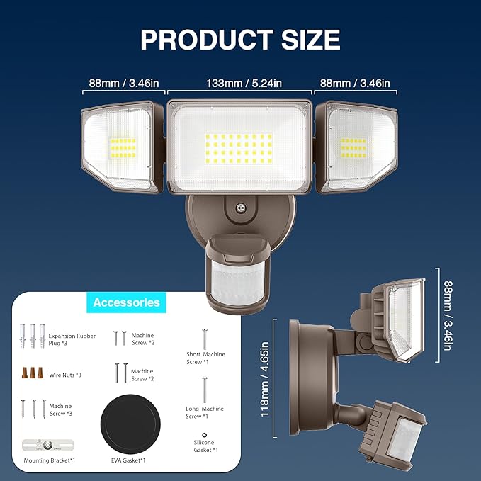 85W LED Security Lights Motion Sensor Light Outdoor, 8500LM Dusk to Dawn, IP65 Waterproof, 6500K, 3 Head Motion Detected Flood Light, Floodlight for Outside, Garage, Yard, Porch (Brown)-VerdiqueGarden