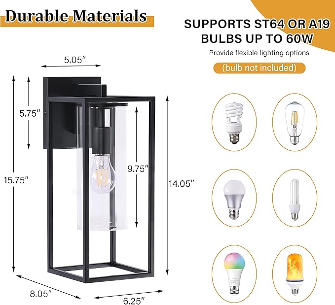 15.7 Inch Outdoor Wall Lights, Outdoor Wall Lantern with Circular Clear Glass Shade, Waterproof Exterior Lighting Fixtures, Modern Front Porch Lighting for House, Garage, E26 Base, ETL Listed, Black-VerdiqueGarden