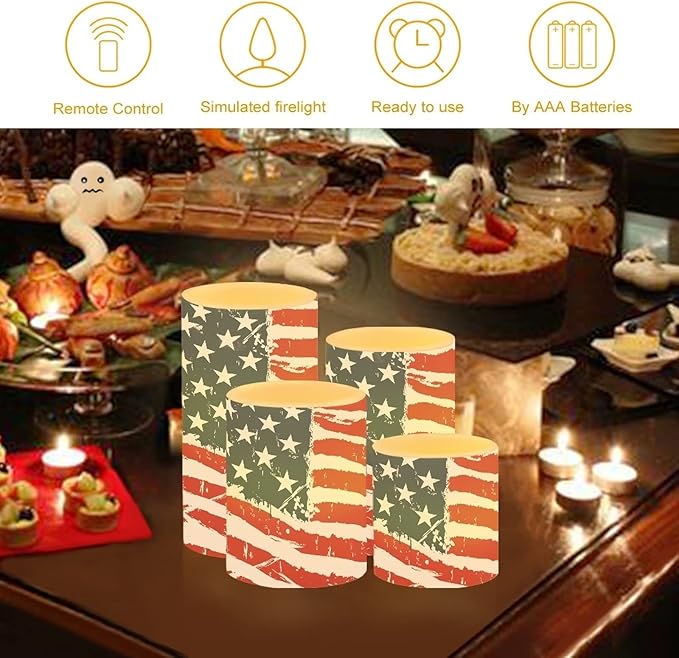 Flameless Electric Candles Decoration Lamp with Remote Timer Control Long Lasting for Fourth of July Party Decoration Home Indoor Outdoor Decor Pack of 4, American Flag Fashion-VerdiqueGarden