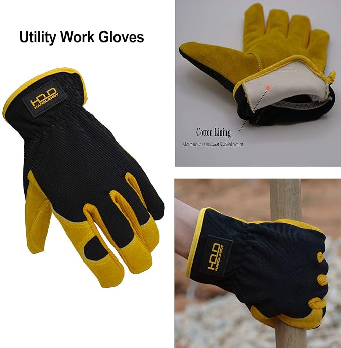 HANDLANDY Leather Work Gloves for Men & Women, Reinforced Durable Garden Gloves, Cowhide Working Glove for Gardening-VerdiqueGarden