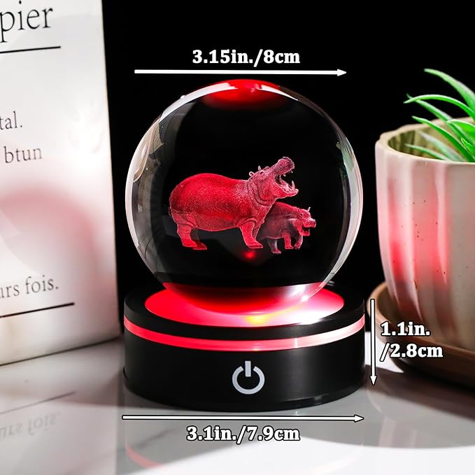 YWHL 3D Hippo Crystal Ball Figurine with LED Base Laser Hippopotamus Gifts for Women Men on Christmas Birthday Decorative Hippo Ball Glass Hippopotamus Globe Night Light for Home Decor (80mm)-VerdiqueGarden