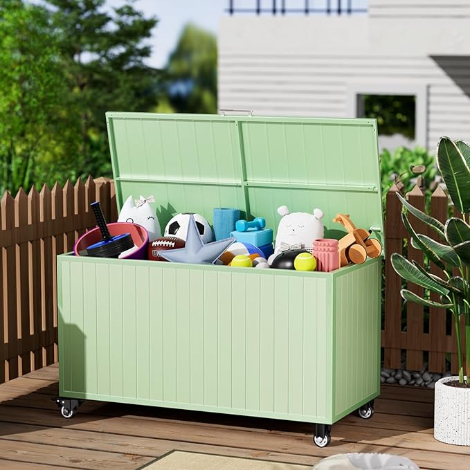 135 Gallon Outdoor Storage Box with Swivel Wheels, Waterproof Aluminum & Polylumber Deck Box, Patio Storage Box with Lid for Patio Furniture, Garden Tools, Outdoor Cushion-VerdiqueGarden