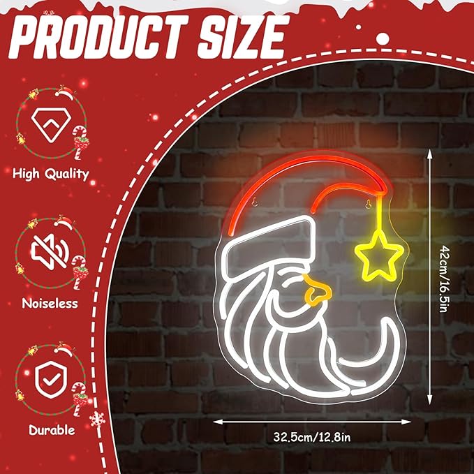Moon Christmas Santa Neon Sign,Cute Anime Neon Light,Moon Star Neon Sign for Wall Decor,Red Christmas Hat USB Neon Light Sign for Party Store Living Room Bar Door Kids Bedroom Christmas Gift-VerdiqueGarden