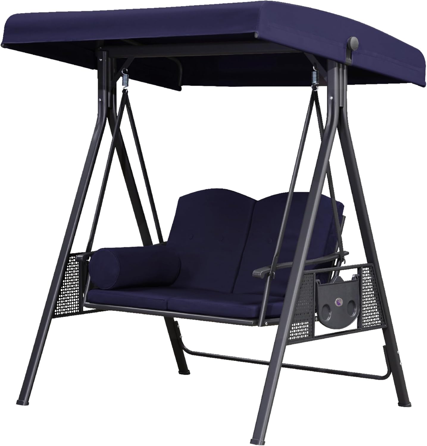 PURPLE LEAF Outdoor Patio Porch Swing with Stand, 2-seat Swing Chair with Adjustable Tilt Canopy All-Weather Steel Frame for Backyard Front Porch Lawn, Cushions and Pillow Included, Navy Blue-VerdiqueGarden