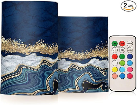 Flickering Flameless Candles, Navy Blue Marble Golden Veins LED Candles with Remote Timer, Set of 2 Battery Operated Candle for Valentine Wedding Birthday-VerdiqueGarden