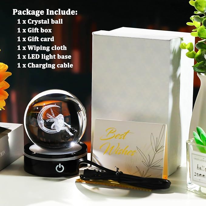 YWHL 3D Moon Fairy Figurine Crystal Ball with Colorful Light Base, Fairy Gifts for Women Girls on Christmas Birthday, 3D Laser Engraved Elf Full Sphere Glass Decorative Ball for Home Office (80mm)-VerdiqueGarden