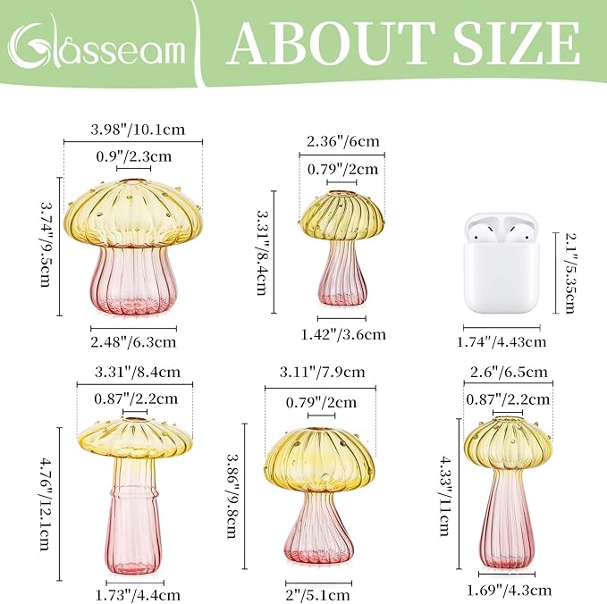 Glasseam Mushroom Plant Propagation Stations: Colored Glass Terrarium Jar Set of 10 Cute Planters for Indoor Plants Mini Propagate Station Unique Christmas Birthday Gifts for Women Home Office Decor-VerdiqueGarden
