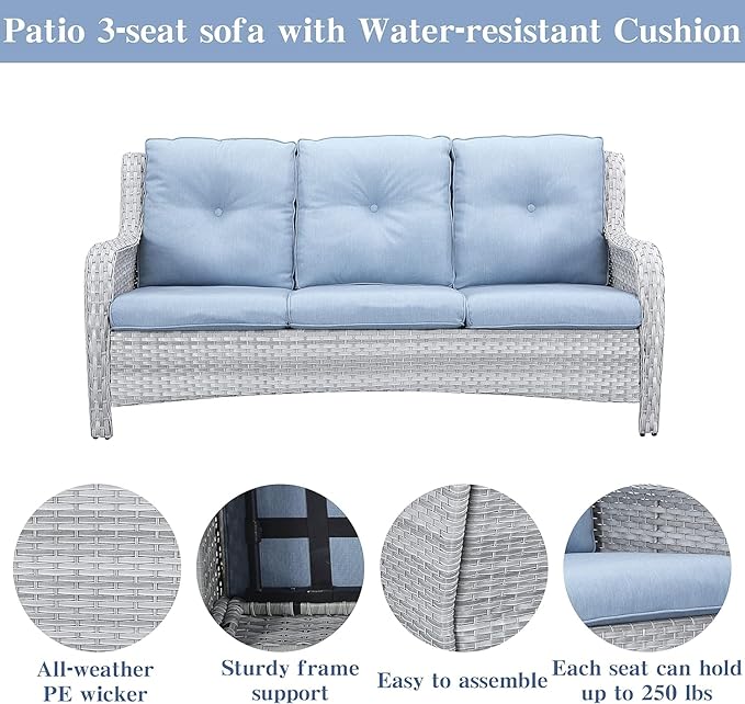 Wicker Patio Furniture Sets - 8 Piece Outdoor Rattan Furniture Conversation Sets with 4 Swivel Rocker Chairs, Rattan Sofa, Wicker Ottomans and Coffee Table, Light Grey/Baby Blue-VerdiqueGarden