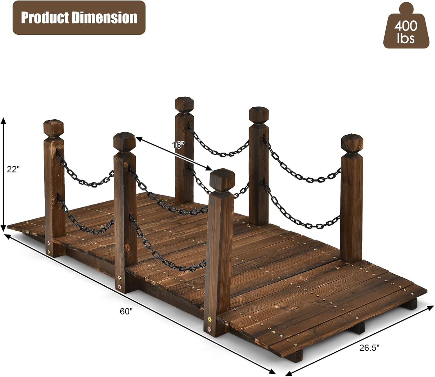 Tangkula 5 FT Wooden Garden Bridge, Arc Footbridge w/Safe Chain Railings, Outside Small Arc Pond Bridge, Decorative Fir Bridge for Landscaping Garden, Pond, Stream, Courtyard, Holds up to 400 LBS-VerdiqueGarden