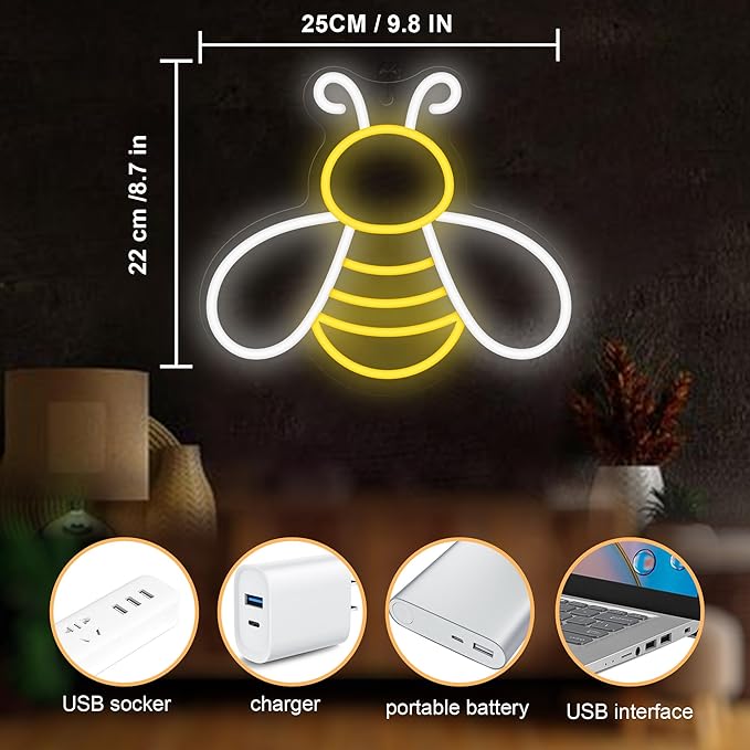 Bee Neon Sign - Dimmable Honey Neon Light Wall Decor, Birthday Party Decorations for Home, Patio, Garden, Bars, Hotels, Stores - Gift for Friends, Family, and Kids-VerdiqueGarden
