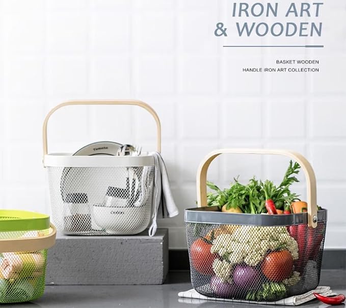 Metal Mesh Steel Basket, Storage Organizer Basket Multi-functional Hanging Kitchen Baskets Fruit Basket with Wooden Handle for Kitchen Bathroom Picnic Shopping Decor Cabinet Home, Grey-VerdiqueGarden