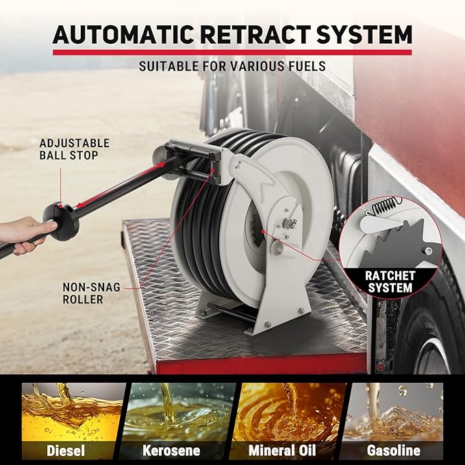 Retractable Fuel Hose Reel, 3/4 in × 66 ft Rubber Hose Heavy Duty Steel Professional Spring Driven Diesel Hose Reel with Fueling Nozzle Max 300PSI Auto Rewind Quick for Ship Vehicle Tank Truck-VerdiqueGarden