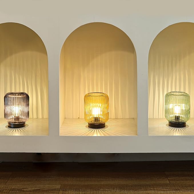 Battery Operated Lamp, Cordless Table Lamps for Home Decor, Battery Powered Nightlight with LED Bulb, Decorative Glass Beside Lamp for Bedroom Living Room-Grey-VerdiqueGarden