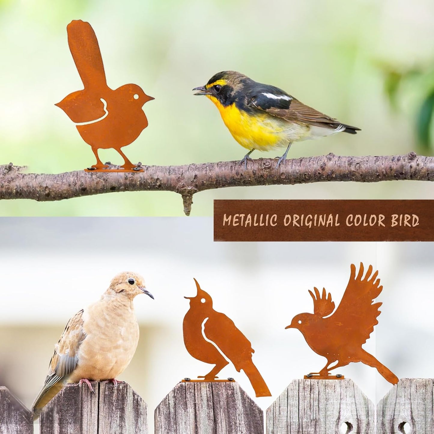 Nbippiooiwip Five-Piece Rustic Outdoor Bird Garden Sculpture Set, Metal Wall Art Bird Ornaments Ideal for Garden Stakes, Fields, Parks, Hotels, and Bird Enthusiasts Rustic Style-VerdiqueGarden