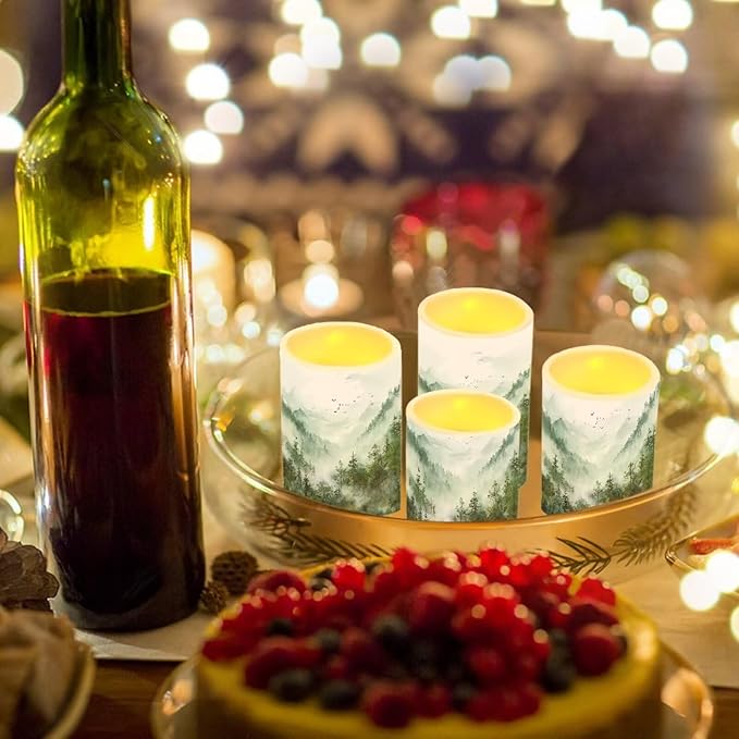 LED Flameless Candles Set Battery Operated Candles Pack of 4 with Remote Control Timer Dancing Flame Pillar Candles for Indoor Home Desktop Decoration, Mountain Tree Green-VerdiqueGarden