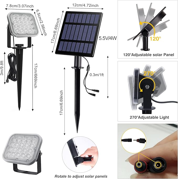 Solar Spot Lights Outdoor, 20 LED IP65 Waterproof Solar Landscape Lights, Dusk-to-Dawn 3000K Warm White Outdoor Light for Yard Garden Driveway Porch Walkway, 4-in-1-VerdiqueGarden
