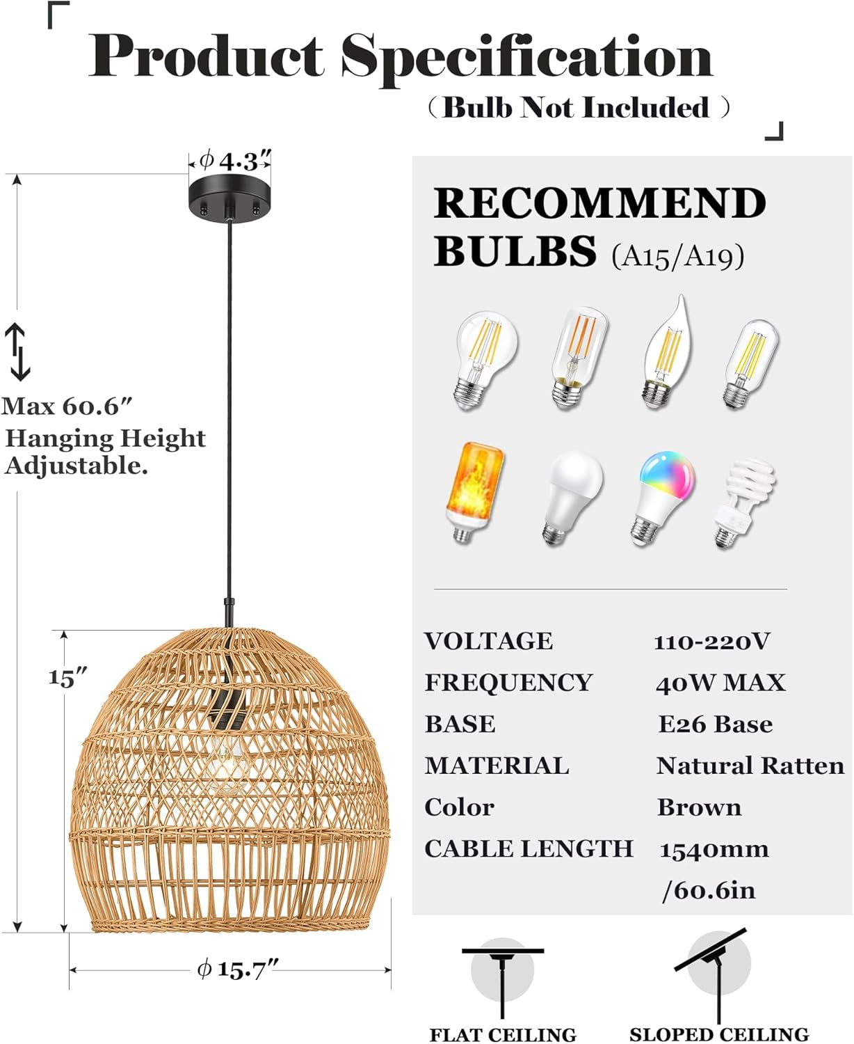 ELYONA 16” Large Boho Rattan Chandelier, Modern Rustic Wicker Pendant Light Fixtures, Basket Hand Woven Hanging Lamp for Coastal Kitchen Island Dining Room Living Room Bedroom Foyer (40cm*40cm)-VerdiqueGarden