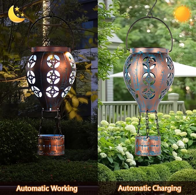 Hot Air Balloon Solar Lantern for Garden Decor,2 Pack Matal Hanging Lantern,Outdoor Metal LED Solar Lights for Yard Patriotic Trees Decor-VerdiqueGarden