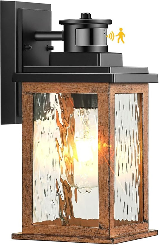 VIANIS Motion Sensor Outdoor Lights, Dusk to Dawn Outdoor Lighting for House, Wood Grain Garage Lights, Lantern Wall Mount, Waterproof Porch Sconce for Entryway, with Anti-Rust, Weather Resistant-VerdiqueGarden