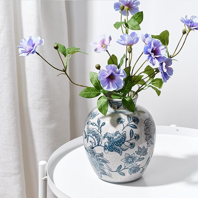 SIDUCAL Ceramic Chinoiserie Floral Vase | 6.3 Inch Blue and White Vintage | Retro Ice Cracked Blue and White Porcelain Vase for Table, Living Room, Bathroom Decoration, Shelf Decor, Mantel-VerdiqueGarden
