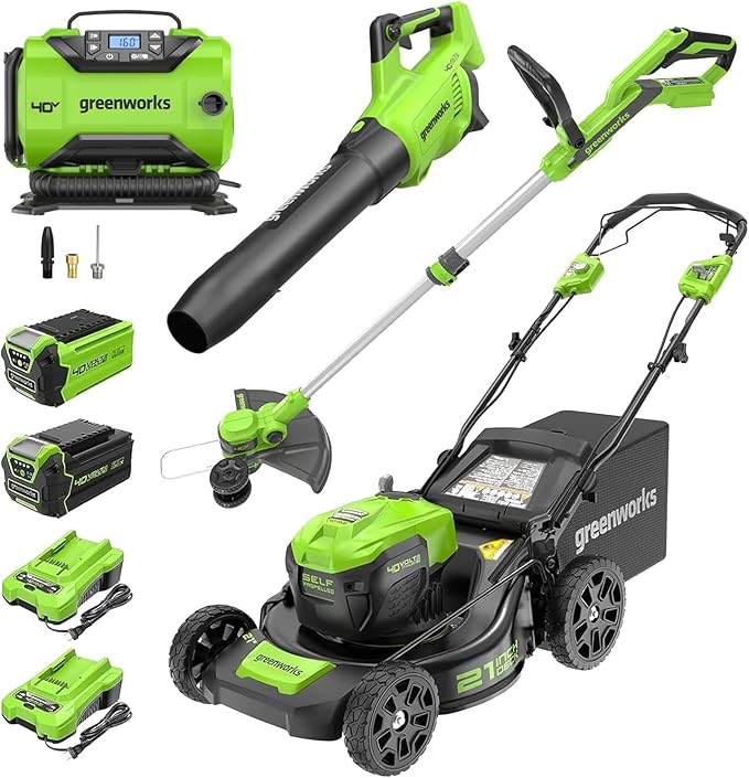 Greenworks 40V 21" Self-Propelled Lawn Mower,Axial Leaf Blower(500 CFM / 120 MPH),13" String Trimmer, 160 PSI Portable Tire Inflator, Includes 2 Batteries(5Ah+2Ah) & Chargers-VerdiqueGarden