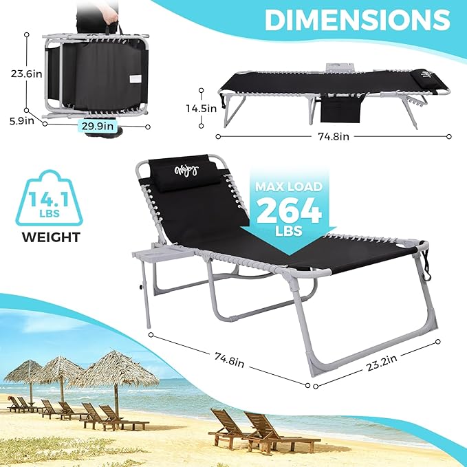 #WEJOY Folding Recliner Lounge Chair with Side Table for Outdoor 5 Positions Adjustable Reclining Patio Camping Chair with Removable Padded Pillow,Side Pocket for Beach Pool Patio Sunbathing Lawn-VerdiqueGarden