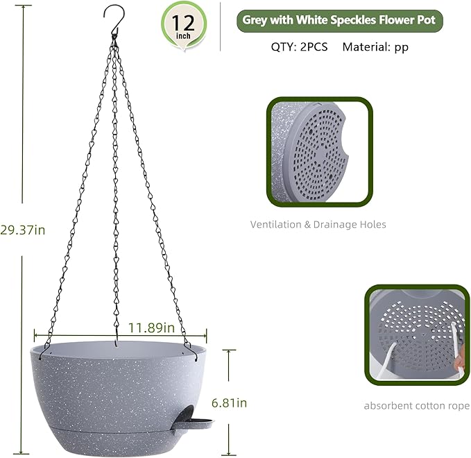12 Inch Hanging Baskets 2 PC with Chains, Self-Watering Hanging Planters for Indoor Outdoor Plants, Plastic Hanging Flower Pots,Speckled Grey-VerdiqueGarden