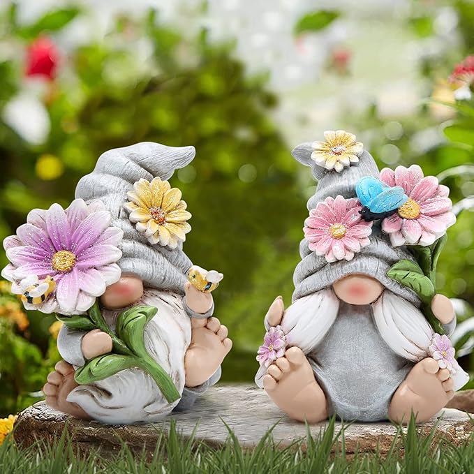 Hodao Set of 2 Spring Gnome Decorations Flower Gnomes Ornaments Decor Summer Gnomes Figurines Spring Gnomes for Outdoor Garden Decor Spring Birthday Gifts for Women, Mom, Grandma (Grey)-VerdiqueGarden