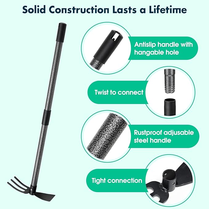 Hoe Garden Tool,45 Inch Long Garden Hoe and Cultivator, Garden Hand Tiller with Long Handle,Heavy Duty Garden Tools Hoe Cultivator for Gardening,Weeding, Tilling,Lossening Soil,Planting-VerdiqueGarden
