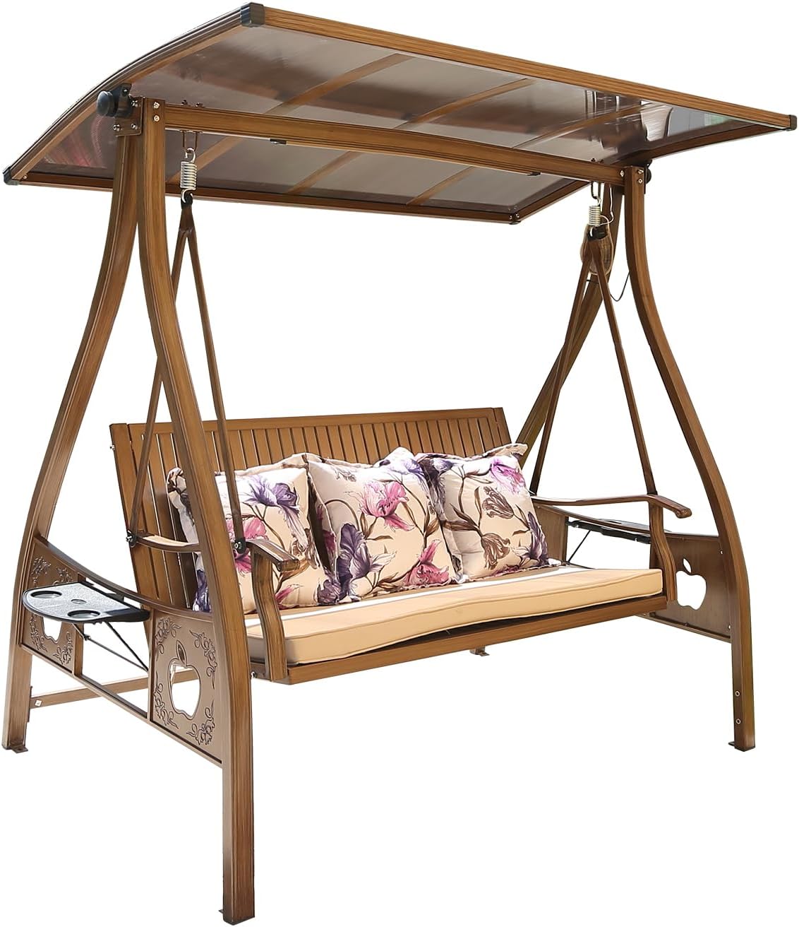 2/3-Seat Outdoor Patio Porch Swing with Adjustable Aluminum Alloy Canopy Solar Patio Swing Chair Bench with Footrest Side Cup Holder for Backyard Lawn (Elite Wood Grain-3 Seat)-VerdiqueGarden