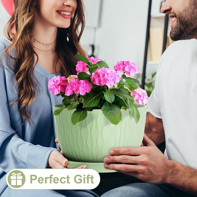 12 Inch Large Plant Pots for Indoor or Outdoor Plants, Wide Water Ripples Flower Pots with Drainage Holes & Saucer, Plastic Planters Set for Garden & Home Decor (Green)-VerdiqueGarden