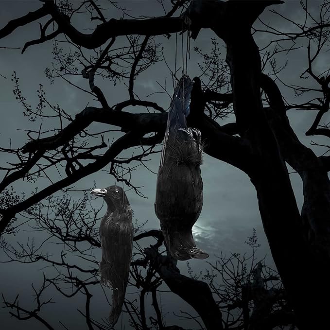 Lewtemi 4 Pcs 17 Inch Realistic Hanging Dead Crows Decoy Life Size Black Feathered Crow Fake Black Crows for Garden Decorations-VerdiqueGarden