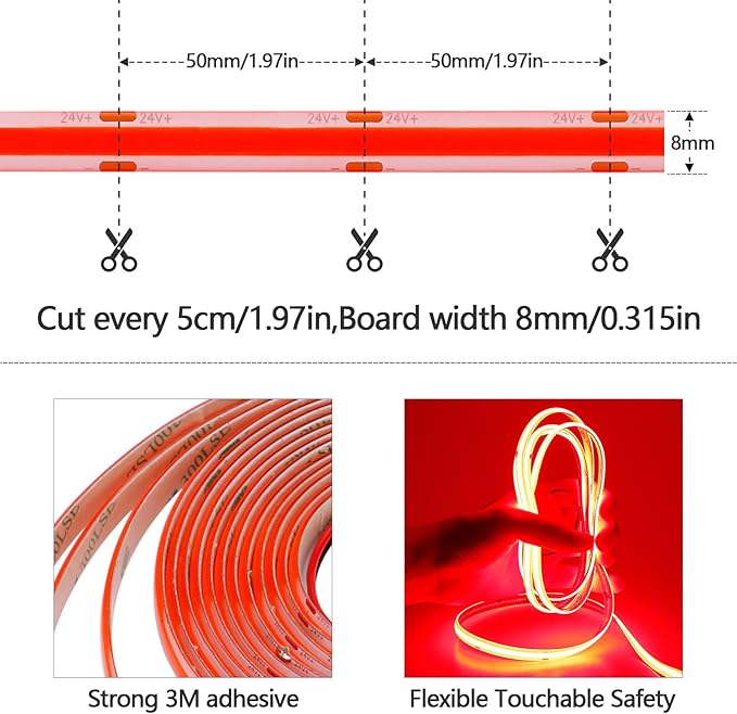 DC 24V COB LED Strip Light Red IP65 Waterproof 5M/16.4ft Uniform Glow 2400LEDs Flexible LED Tape Lights for DIY Garden Backyard Hallways Stairs Decor(No Power Supply)-VerdiqueGarden