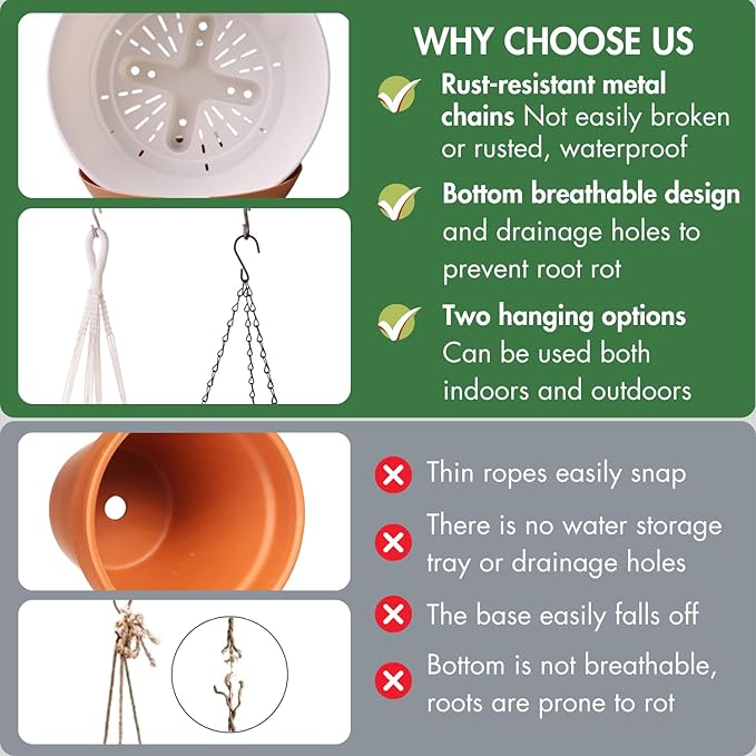 10 Inch Hanging Planters for Indoor Plants,Set of 2 Hanging Pots for Plants with Self-Watering, Outdoor Hanging Plant Pot with Drainage and 2 Kinds of Hanging Baskets Hangers for Home Decor and Garden-VerdiqueGarden