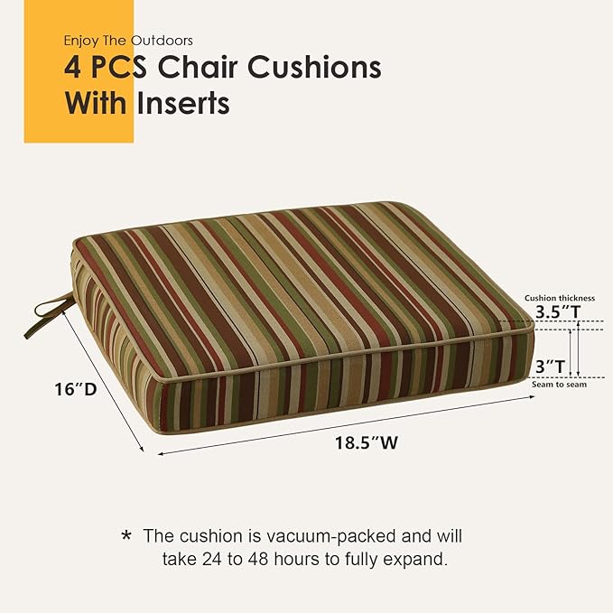 Outdoor Square Corner Seat Cushion, 18.5"x16"x3", Set of 4, Non Slip Seat Cushion Pads with Removable Cover for Patio Furniture, Garden Yard Lawn, Colorful Stripe-VerdiqueGarden