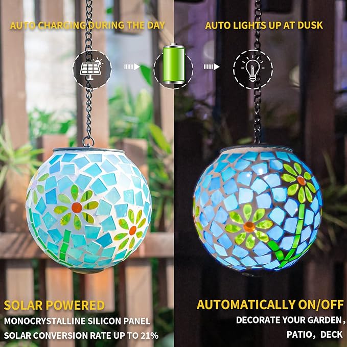 VCUTEKA Solar Lanterns Outdoor Waterproof - Hanging Solar Lights Garden LED Lanterns Mosaic Glass Design for Landscape Patio Yard Garden Pathway Decoration-VerdiqueGarden