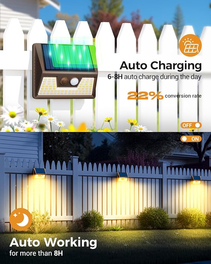 12 Pack Solar Motion Lights for Outside, Waterproof Fence Lights Outdoor, Warm White LED Wall Lights Wireless for Yard Steps Stairs Garden - Brown-VerdiqueGarden