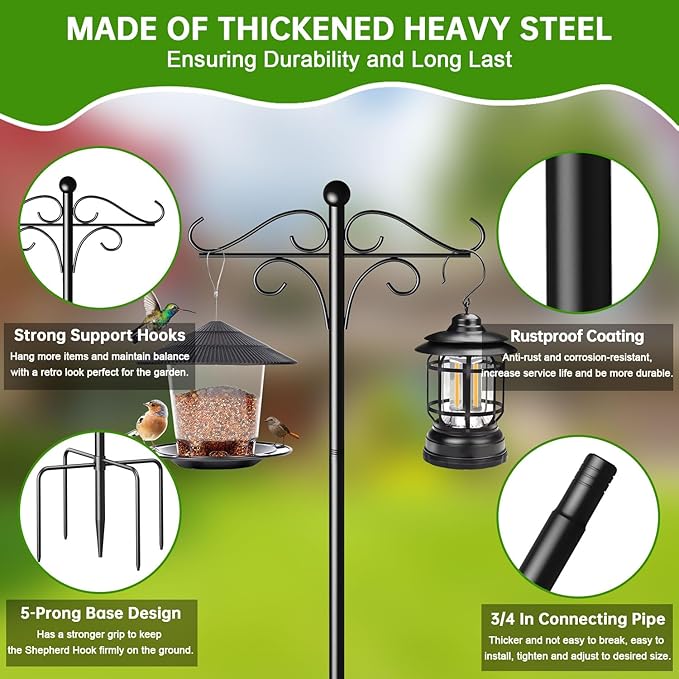 Shepherds Hooks for Outdoor, 108 Inch Heavy Duty Bird Feeder Pole with 5 Prongs Base, Adjustable Shepherds Hook for Hanging Birdhouses, Lanterns, Plant Baskets, Wind Chimes-VerdiqueGarden