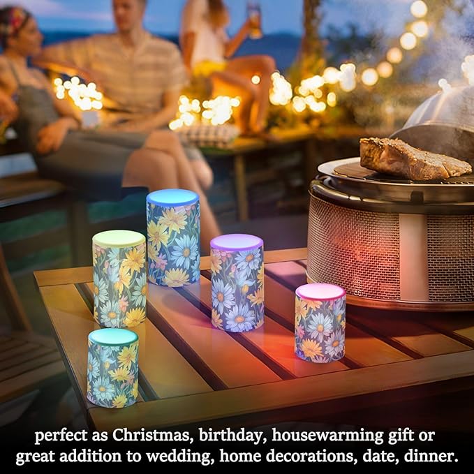Flickering Flameless Candles, Daisy Flowers Botanical LED Candles with Remote Timer, Set of 2 Battery Operated Candle for Valentine Wedding Birthday-VerdiqueGarden