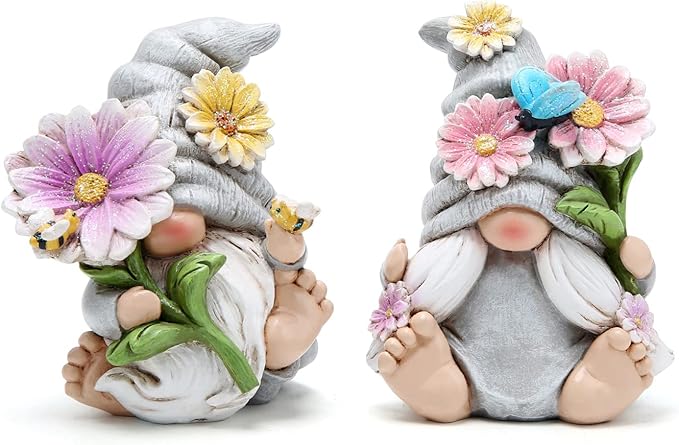 Hodao Set of 2 Spring Gnome Decorations Flower Gnomes Ornaments Decor Summer Gnomes Figurines Spring Gnomes for Outdoor Garden Decor Spring Birthday Gifts for Women, Mom, Grandma (Grey)-VerdiqueGarden