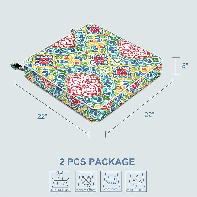 LVTXIII Patio Chair Cushions 22"x22"x3", Water-Repellent Outdoor Seat Cushions for Patio Furniture, Square Chair Pads with Ties for Home Garden Decoration, Set of 2, Damask Red-VerdiqueGarden