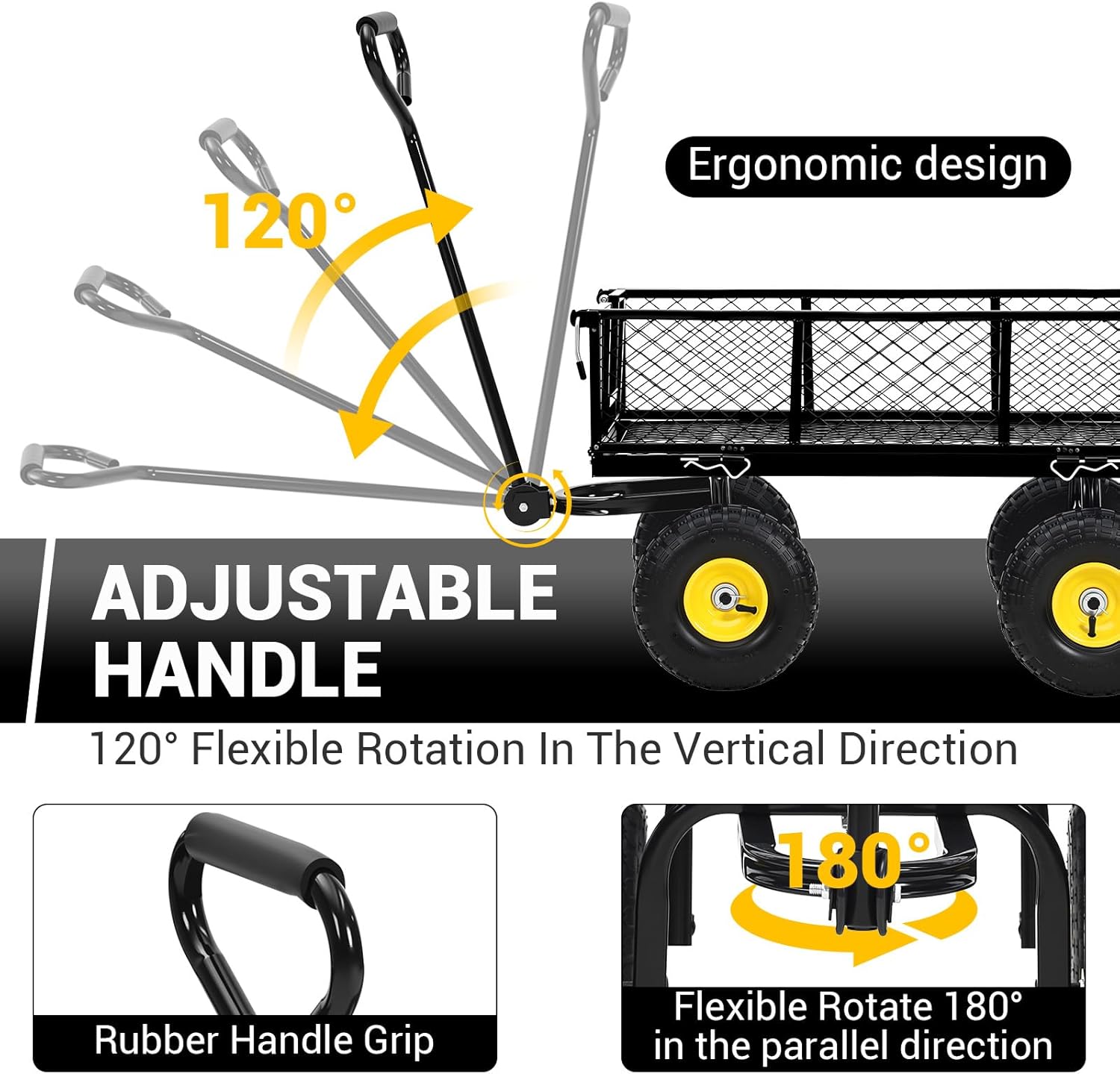 Heavy Duty Steel Garden Cart, 550LBS Pullable Metal Garden Wagon with 10" Wheels, 180° Rotating Handle and Removable Sides for Outdoor, Farm, Yard, Beach ﻿-VerdiqueGarden