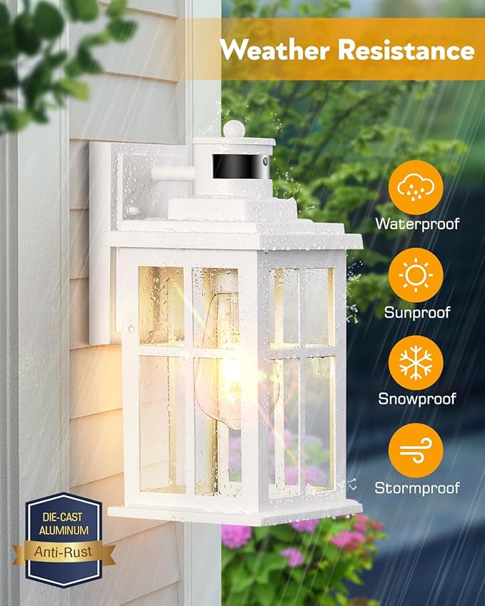 White Outdoor Wall Lights, Motion Sensor Porch Light Outdoor, Dusk to Dawn Outdoor Light Fixtures, Waterproof Outside Lights for House, Garden, Front Porch, Tempered Glass, Anti-Rust-VerdiqueGarden