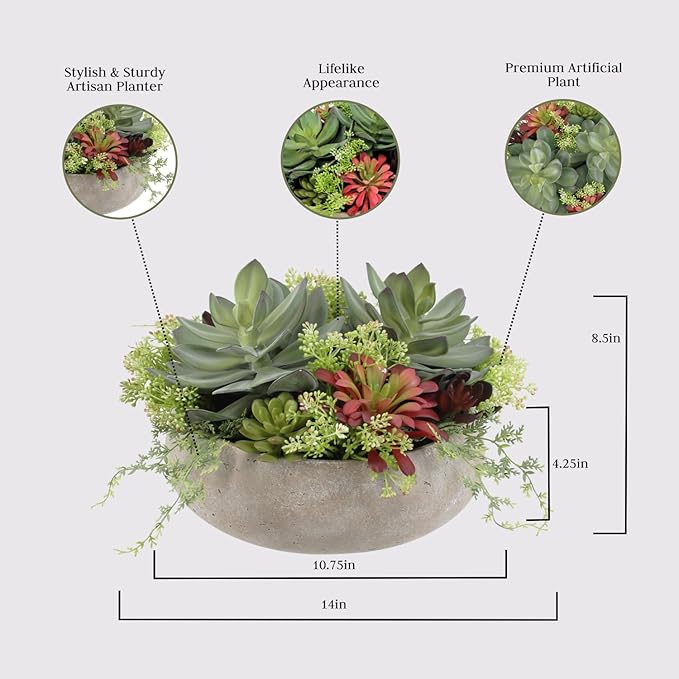 Round Faux Succulent Arrangement, 14" Premium Artificial Indoor Plant Enhances Interior Design, Display on Any Surface in Your Home Adding an Inviting Touch of Nature, Natural Planter Pot Included-VerdiqueGarden