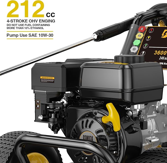 BLUBERY 3600 PSI Gas Pressure Washer, 2.7 GPM Heavy Duty High Power Washer, 30Ft Pressure Hose&Soap Tank,5 Pressure Nozzles,Black-VerdiqueGarden