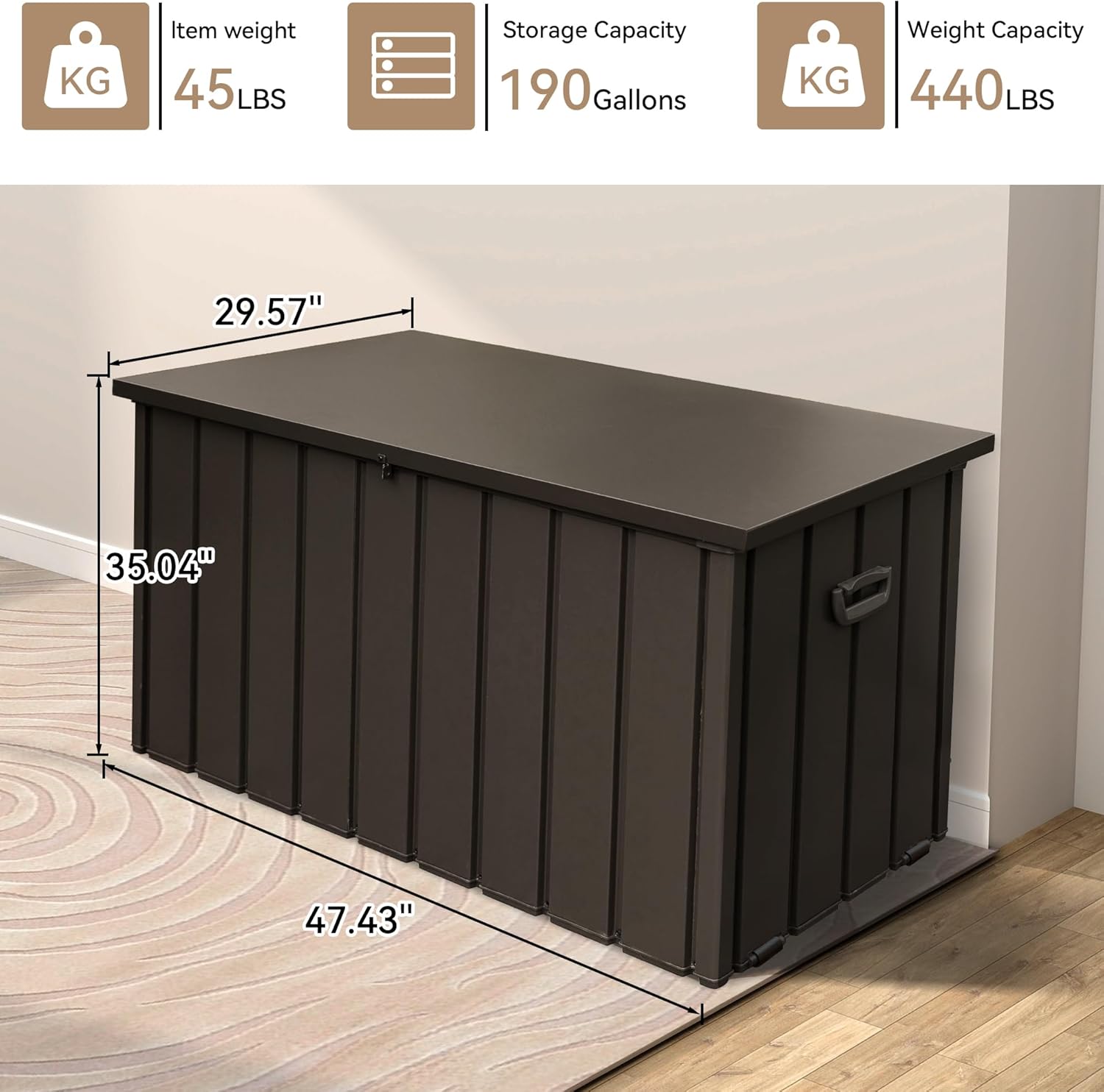 190 Gallon Metal Deck Box, Waterproof Steel Outdoor Box, Large Patio Furniture Storage Cabinet, Lockable Storage Bench for Porch Package Delivery, Pillows, Cushions, Pool, Tools, Backyard, Brown-VerdiqueGarden
