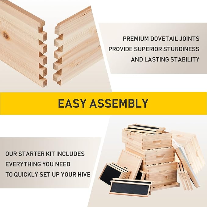 CREWORKS Bee Hive Boxes Starter Kit, Langstroth Beehive for Bee Keeping, 4 Layer Bee House with 20 Medium and 20 Deep Frames & Foundations, Beekeeping Supplies with Plastic Queen Excluder and Nails-VerdiqueGarden