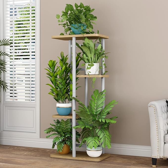 LINZINAR Plant Stand 4 Tier 5 Potted Indoor Plant Shelf Multiple Stands for Garden Corner Balcony Living Room (4 Tier 5 Potted, White)-VerdiqueGarden