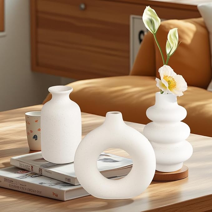 Ceramic Vase Set of 3, Small Flower Vase for Home Decor, Decorative Vases for Pampas Grass & Dried Flowers, Living Room, Bedroom, Bathroom, Shelf Centerpiece Table Decorations-VerdiqueGarden